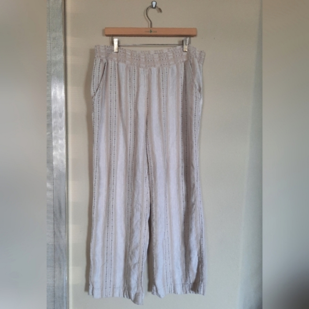 Briggs New York Cream Wide Leg Trousers Woven Striped Embroidered Coastal